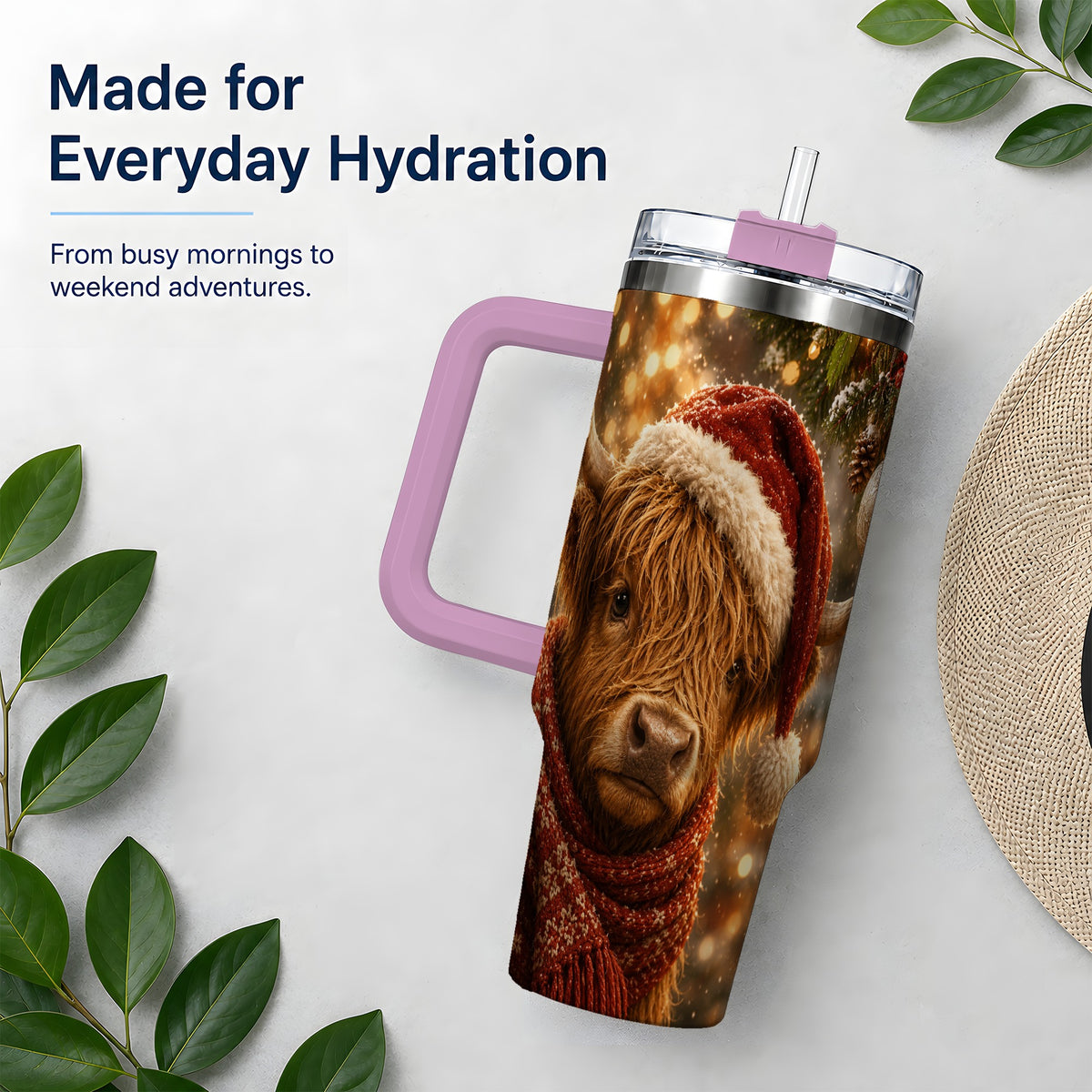 #pl[40oz|Pink] Christmas Highland Cow 40oz Tumbler, Tree Ornament Holiday Artwork