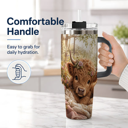 #pl[40oz|Black] Floral Highland Cow 40oz Tumbler, Wildflower Calf Cottage Artwork
