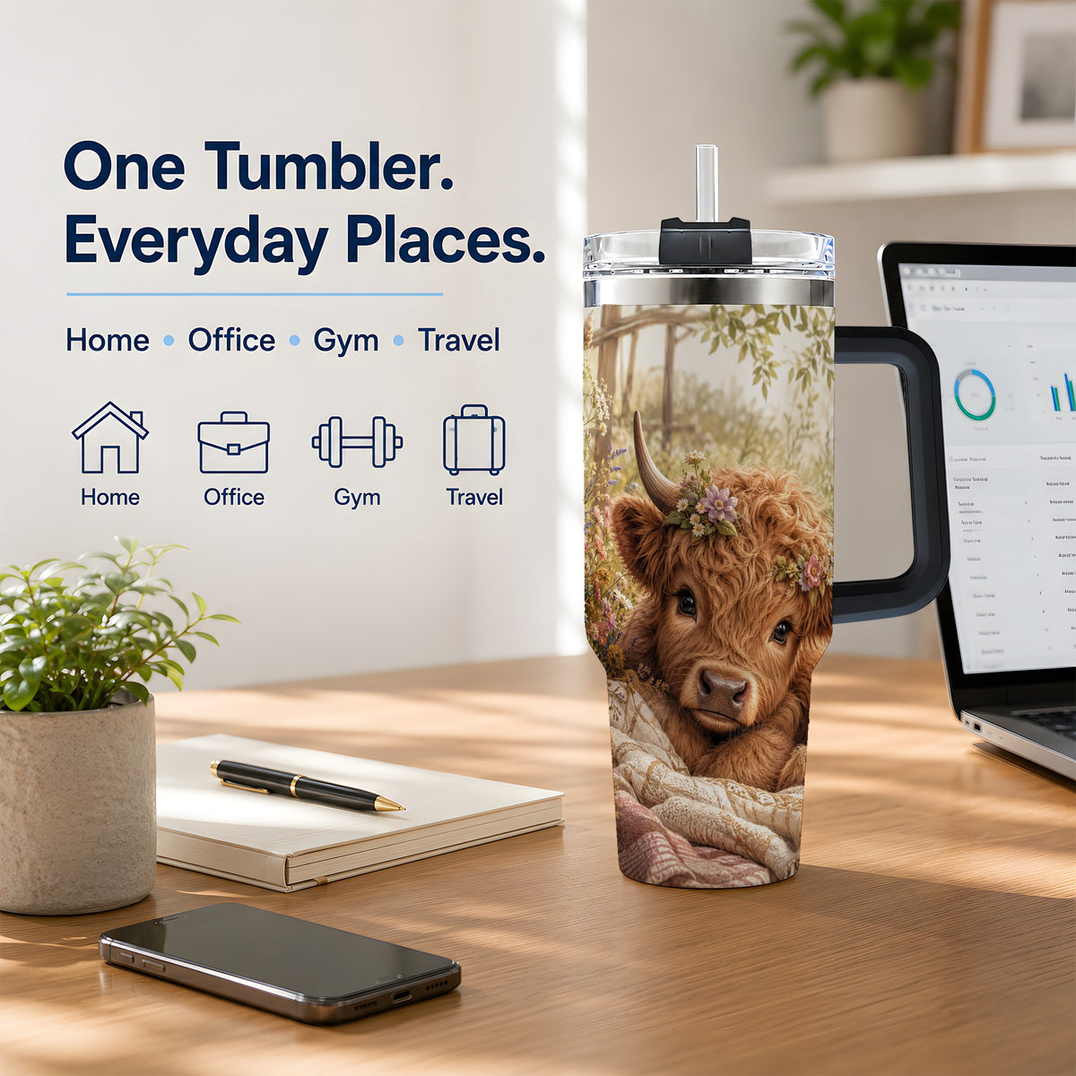 #pl[40oz|Black] Floral Highland Cow 40oz Tumbler, Wildflower Calf Cottage Artwork