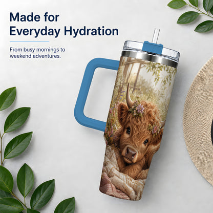 #pl[40oz|Blue] Floral Highland Cow 40oz Tumbler, Wildflower Calf Cottage Artwork