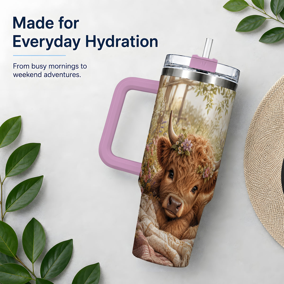 #pl[40oz|Pink] Floral Highland Cow 40oz Tumbler, Wildflower Calf Cottage Artwork
