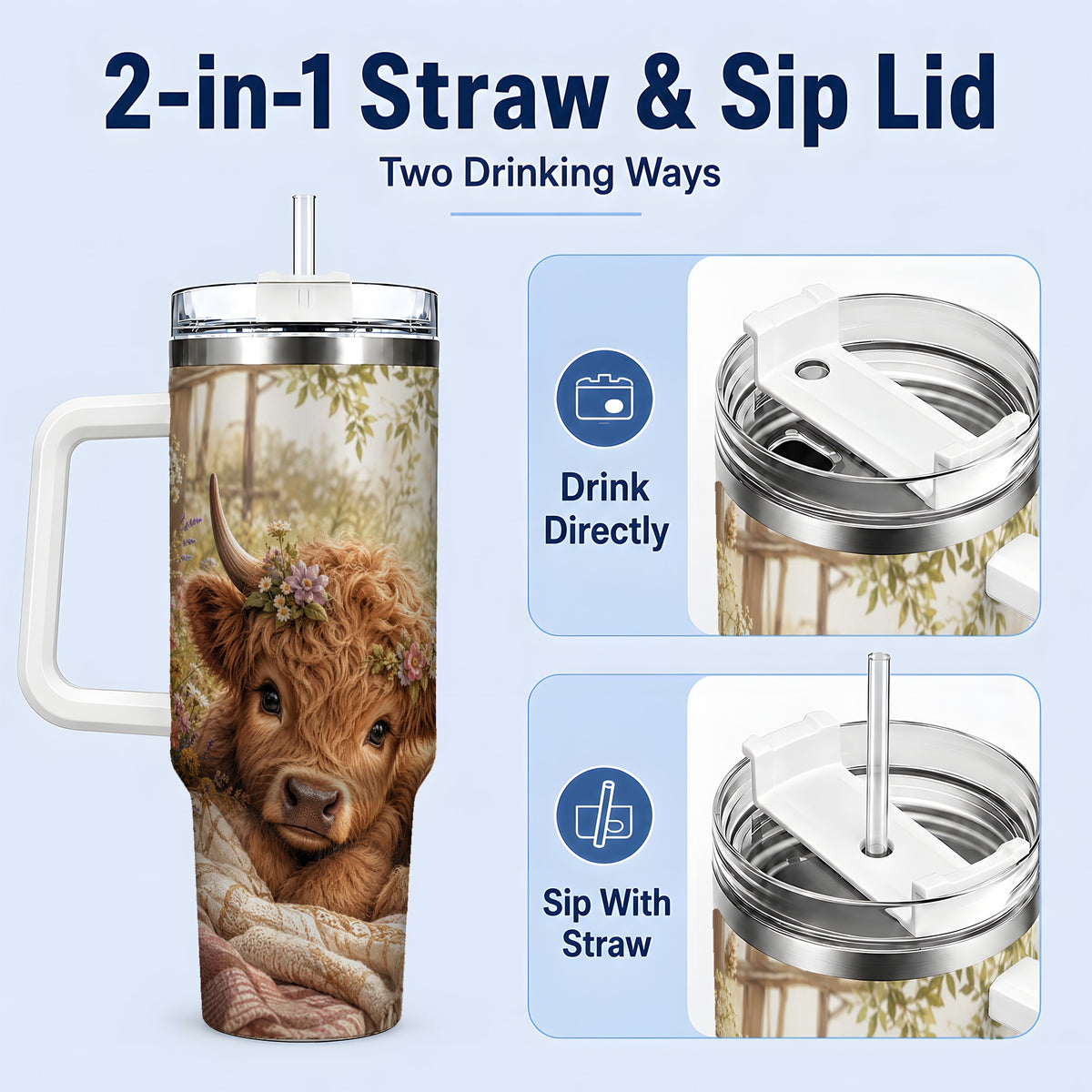 #pl[40oz|White] Floral Highland Cow 40oz Tumbler, Wildflower Calf Cottage Artwork