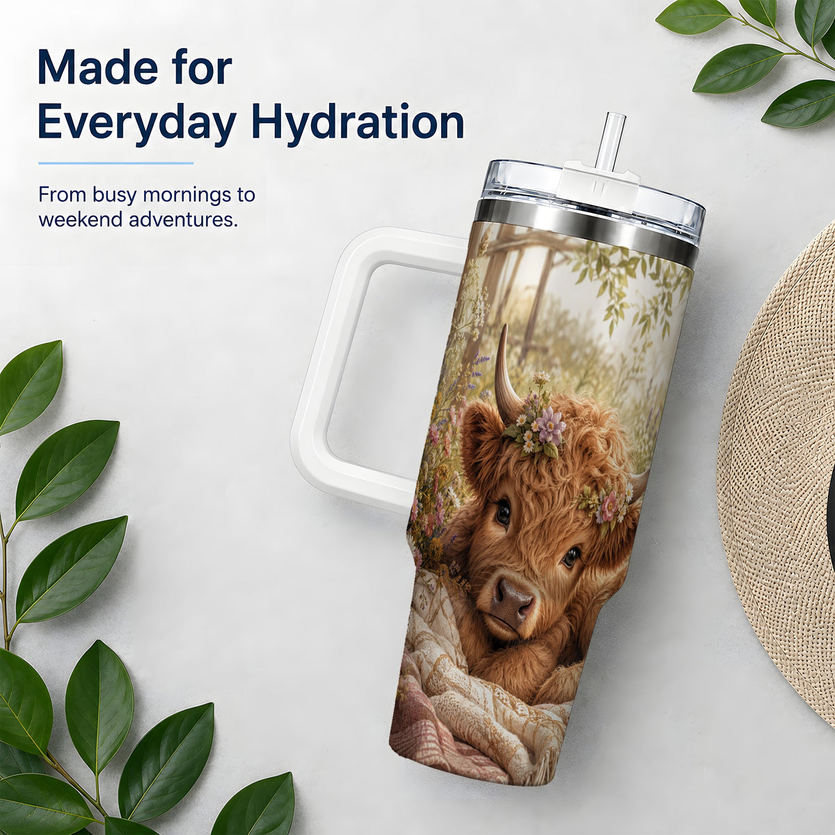 #pl[40oz|White] Floral Highland Cow 40oz Tumbler, Wildflower Calf Cottage Artwork