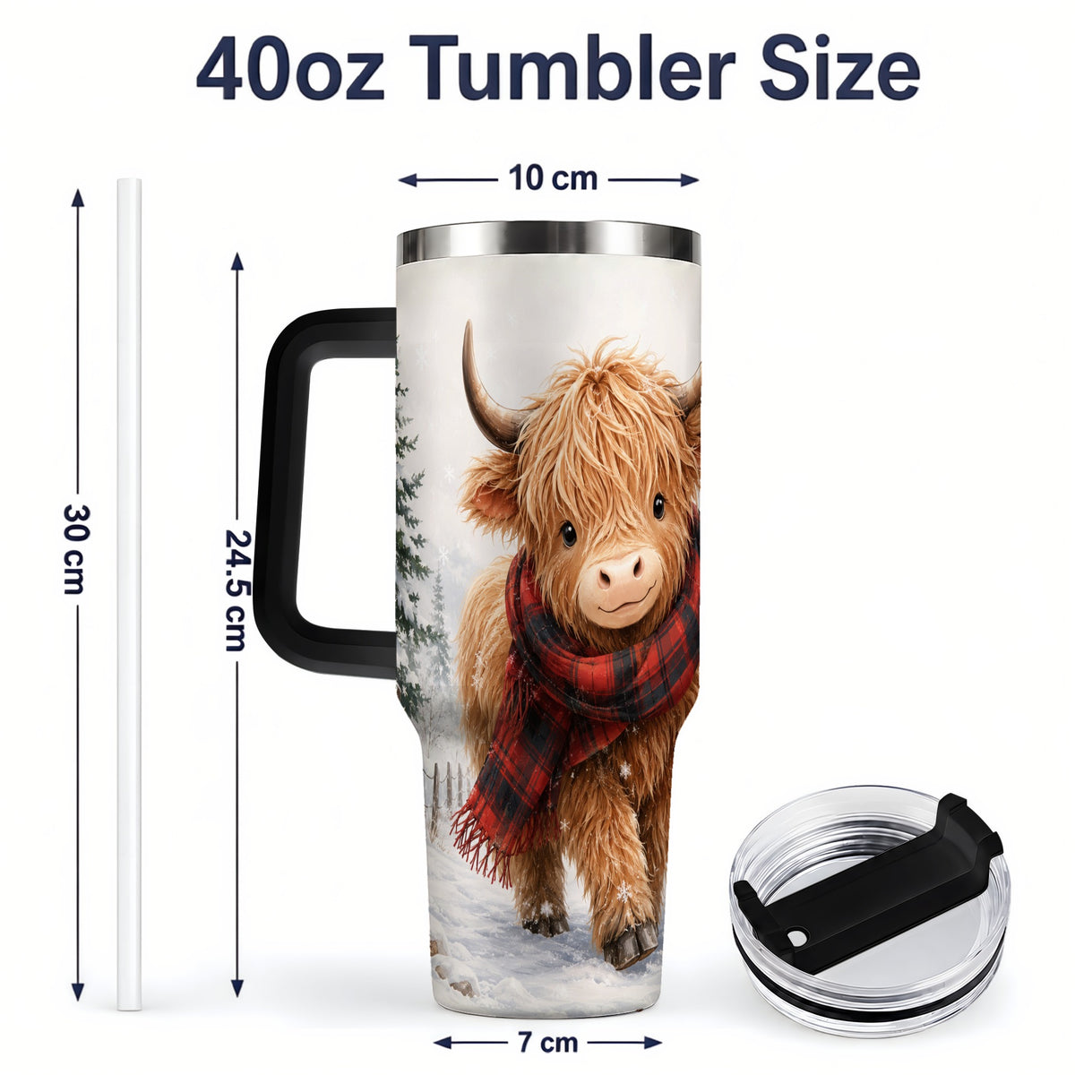 #pl[40oz|Black] Winter Highland Cow 40oz Tumbler, Snowy Plaid Scarf Seasonal Artwork