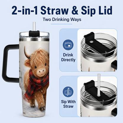#pl[40oz|Black] Winter Highland Cow 40oz Tumbler, Snowy Plaid Scarf Seasonal Artwork