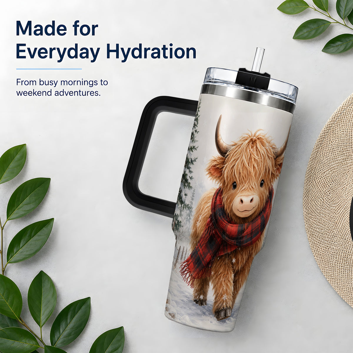 #pl[40oz|Black] Winter Highland Cow 40oz Tumbler, Snowy Plaid Scarf Seasonal Artwork