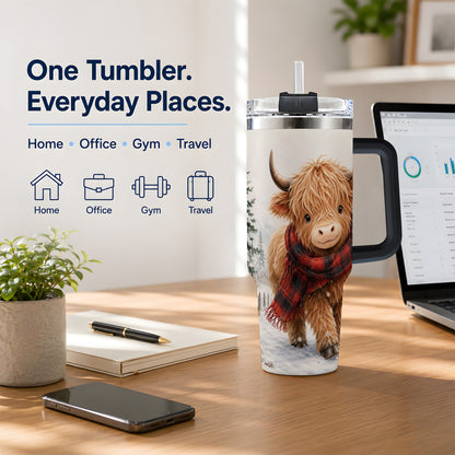 #pl[40oz|Black] Winter Highland Cow 40oz Tumbler, Snowy Plaid Scarf Seasonal Artwork