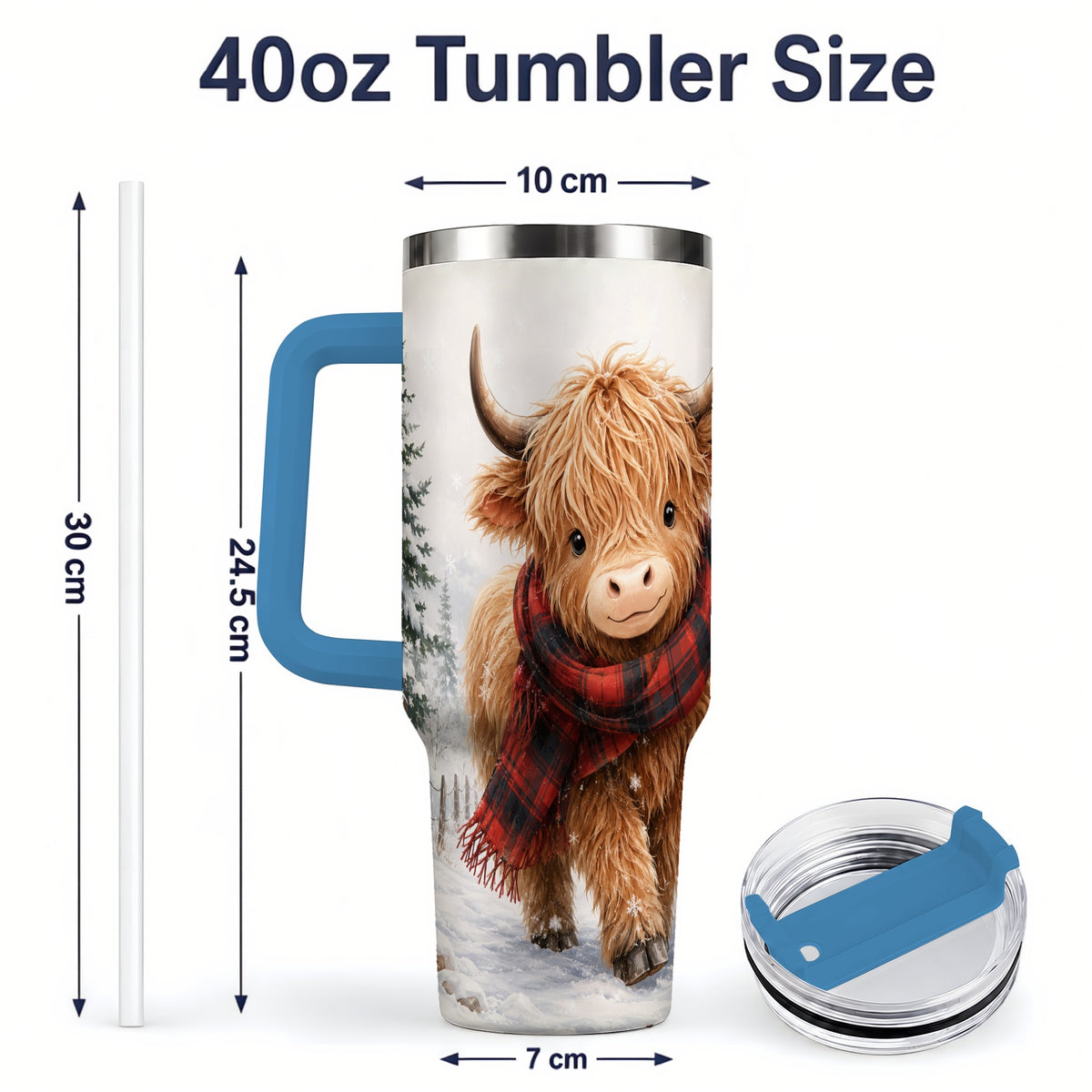 #pl[40oz|Blue] Winter Highland Cow 40oz Tumbler, Snowy Plaid Scarf Seasonal Artwork