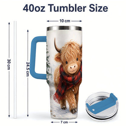 #pl[40oz|Blue] Winter Highland Cow 40oz Tumbler, Snowy Plaid Scarf Seasonal Artwork