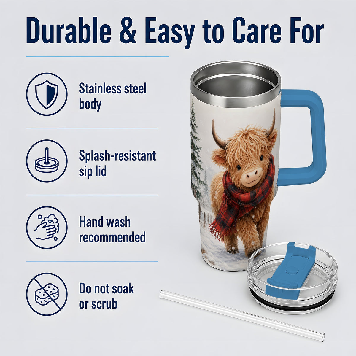 #pl[40oz|Blue] Winter Highland Cow 40oz Tumbler, Snowy Plaid Scarf Seasonal Artwork