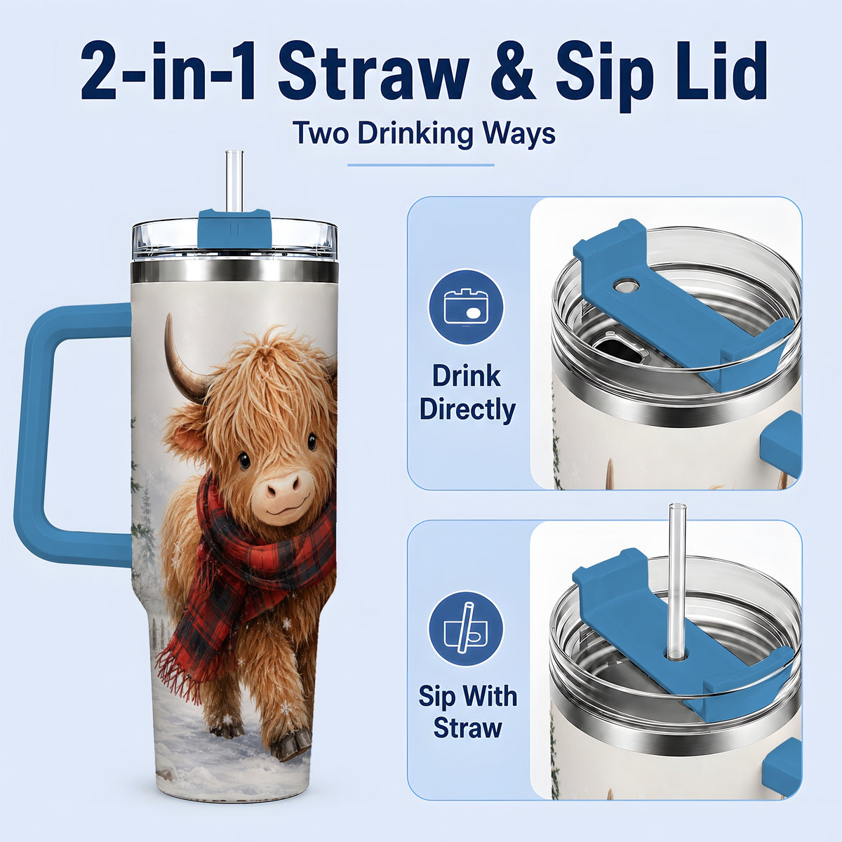 #pl[40oz|Blue] Winter Highland Cow 40oz Tumbler, Snowy Plaid Scarf Seasonal Artwork