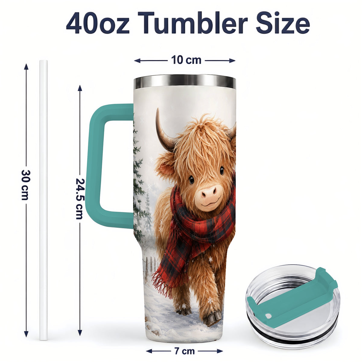 #pl[40oz|Green] Winter Highland Cow 40oz Tumbler, Snowy Plaid Scarf Seasonal Artwork