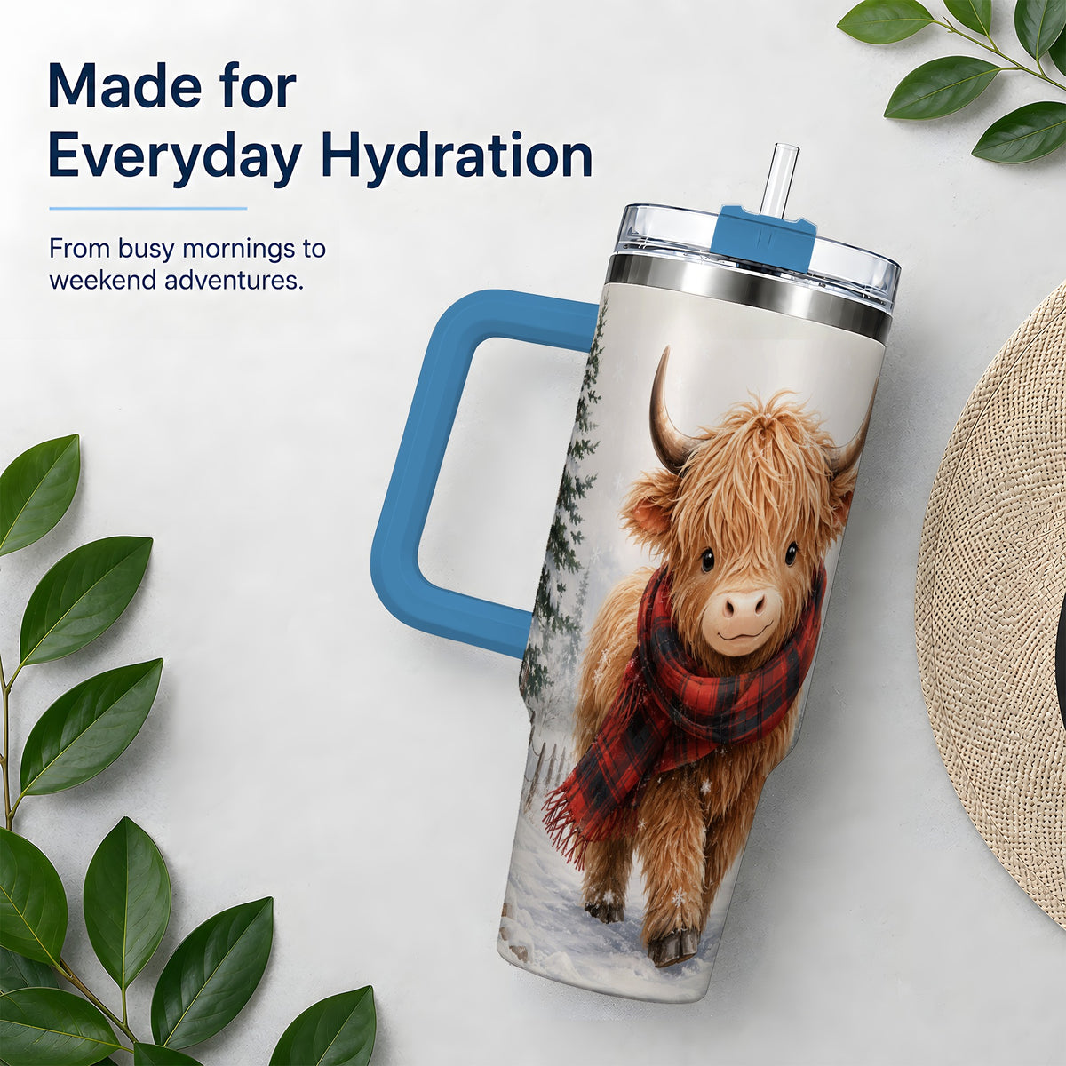 #pl[40oz|Blue] Winter Highland Cow 40oz Tumbler, Snowy Plaid Scarf Seasonal Artwork