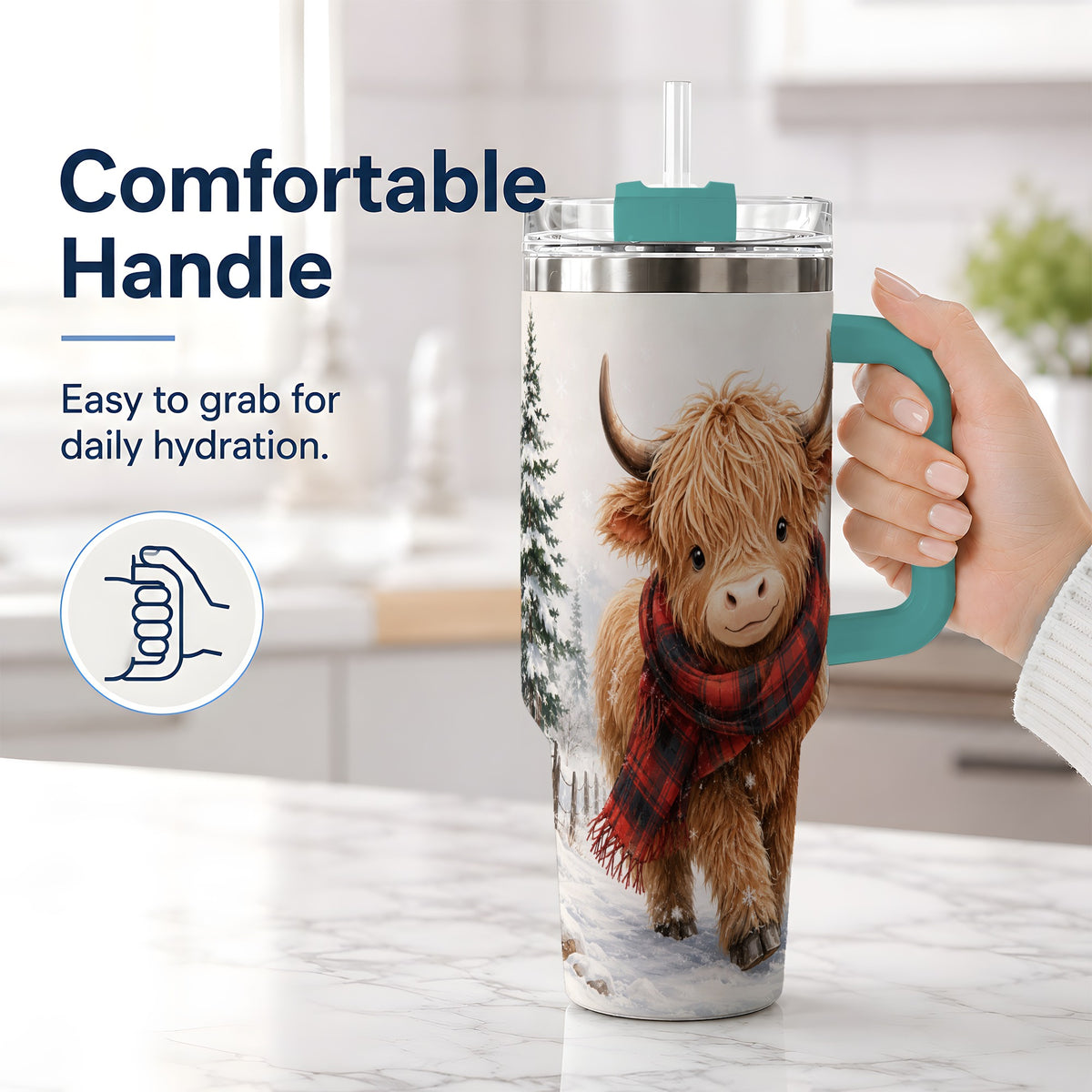 #pl[40oz|Green] Winter Highland Cow 40oz Tumbler, Snowy Plaid Scarf Seasonal Artwork