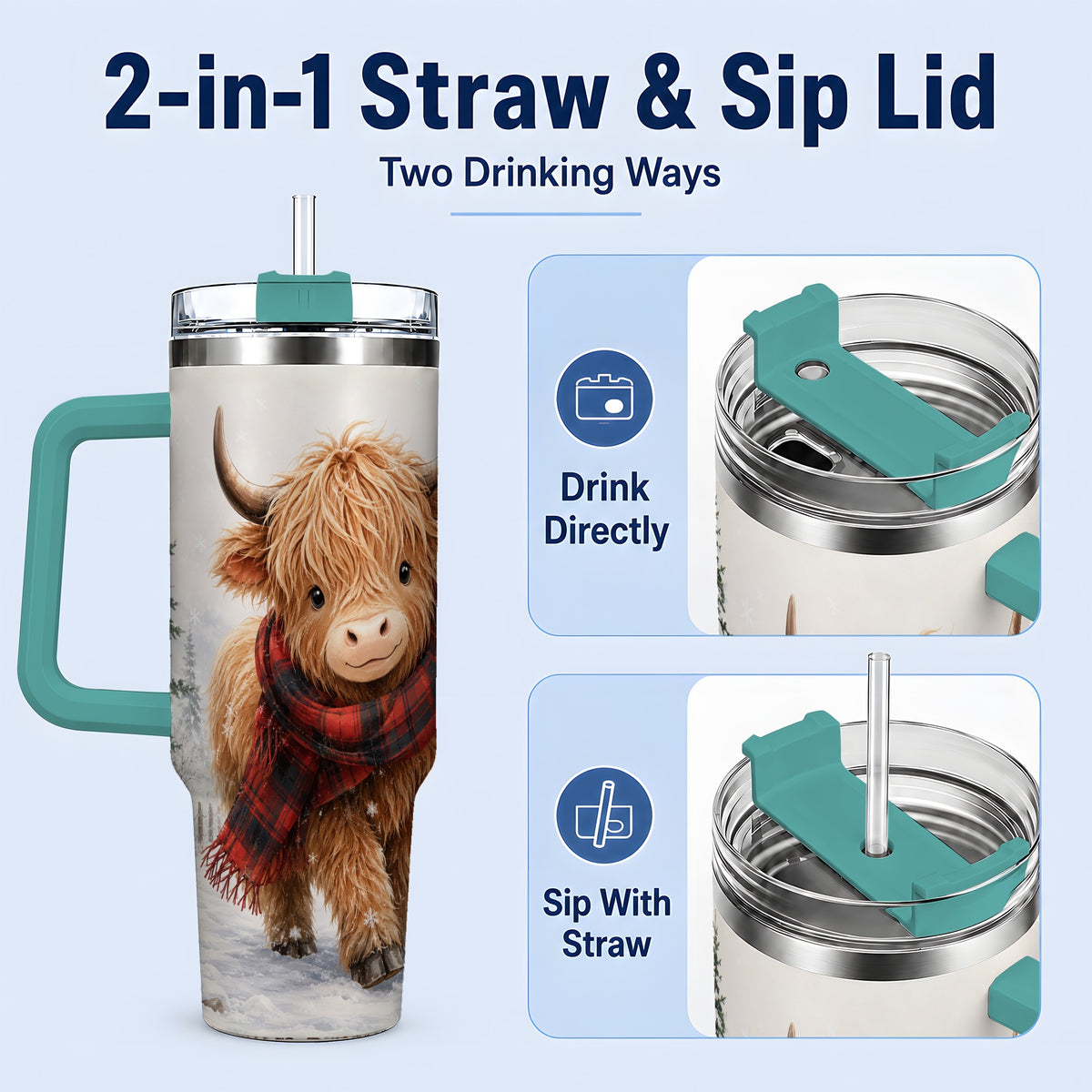 #pl[40oz|Green] Winter Highland Cow 40oz Tumbler, Snowy Plaid Scarf Seasonal Artwork