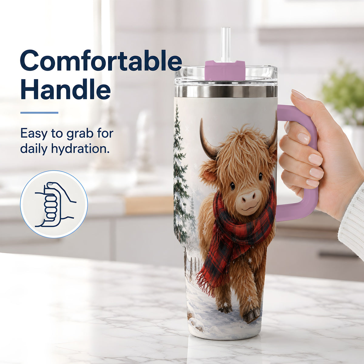#pl[40oz|Pink] Winter Highland Cow 40oz Tumbler, Snowy Plaid Scarf Seasonal Artwork