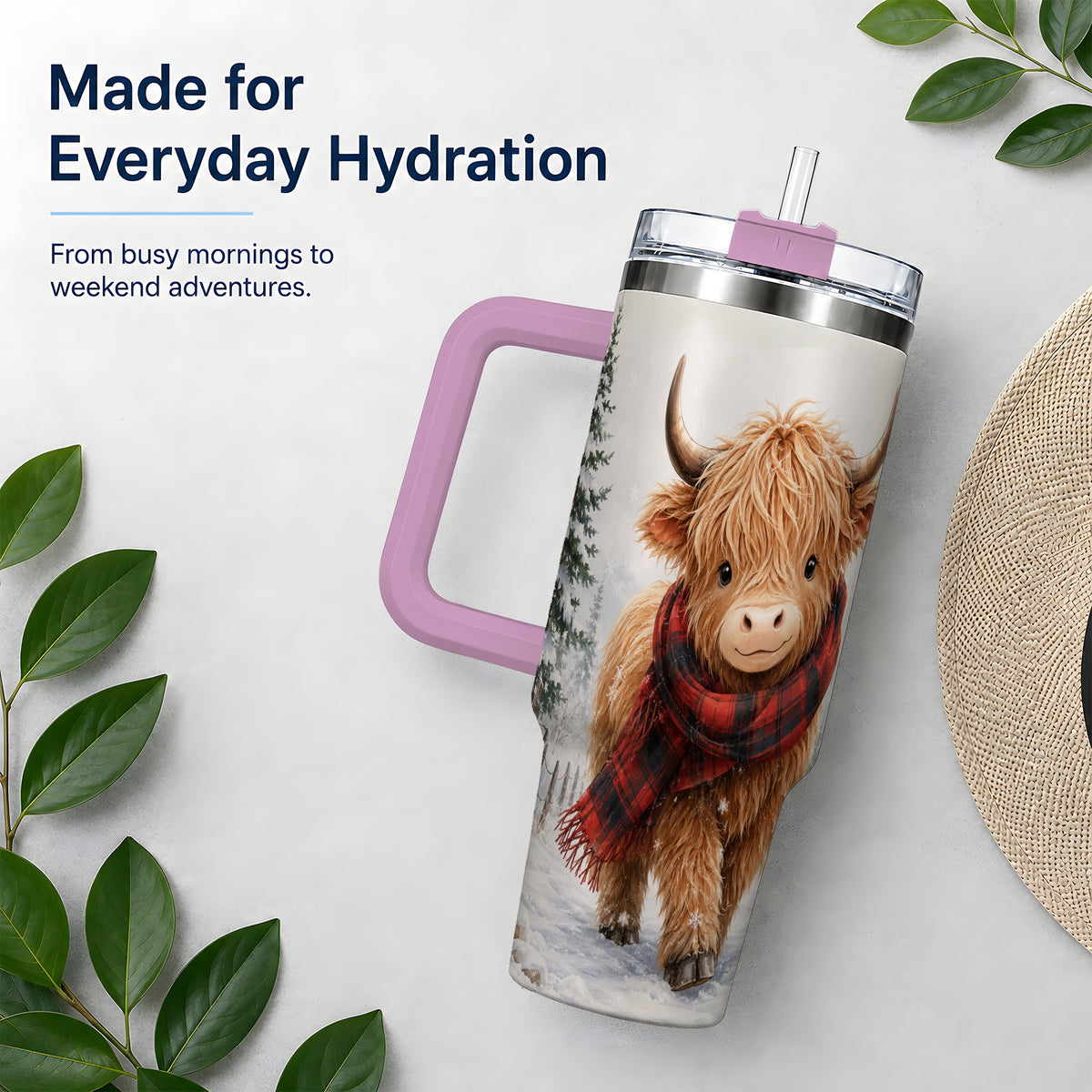 #pl[40oz|Pink] Winter Highland Cow 40oz Tumbler, Snowy Plaid Scarf Seasonal Artwork