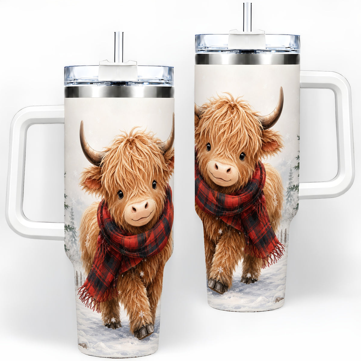 Winter Highland Cow 40oz Tumbler, Snowy Plaid Scarf Seasonal Artwork