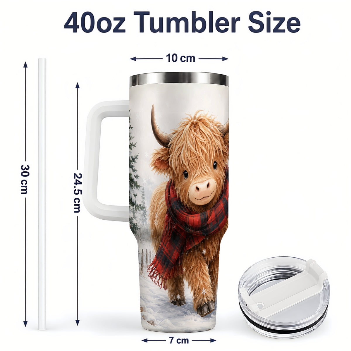 #pl[40oz|White] Winter Highland Cow 40oz Tumbler, Snowy Plaid Scarf Seasonal Artwork
