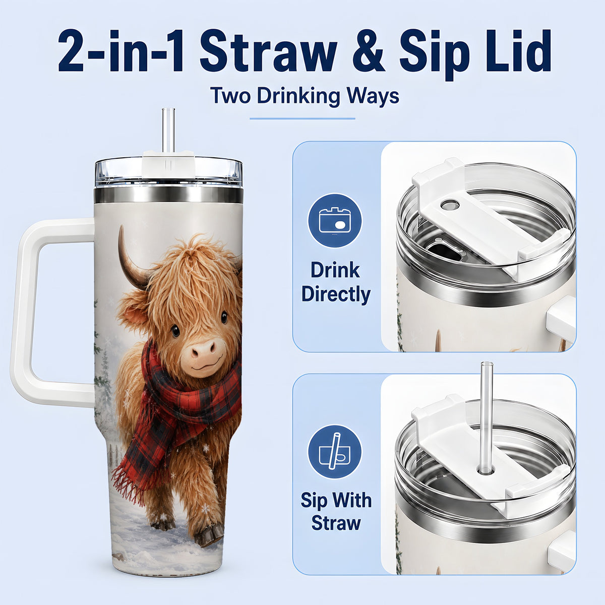 #pl[40oz|White] Winter Highland Cow 40oz Tumbler, Snowy Plaid Scarf Seasonal Artwork