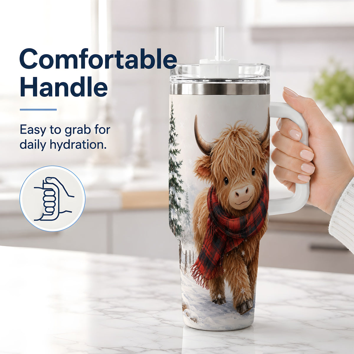 #pl[40oz|White] Winter Highland Cow 40oz Tumbler, Snowy Plaid Scarf Seasonal Artwork