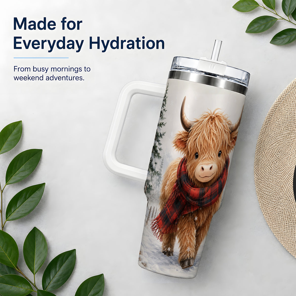 #pl[40oz|White] Winter Highland Cow 40oz Tumbler, Snowy Plaid Scarf Seasonal Artwork