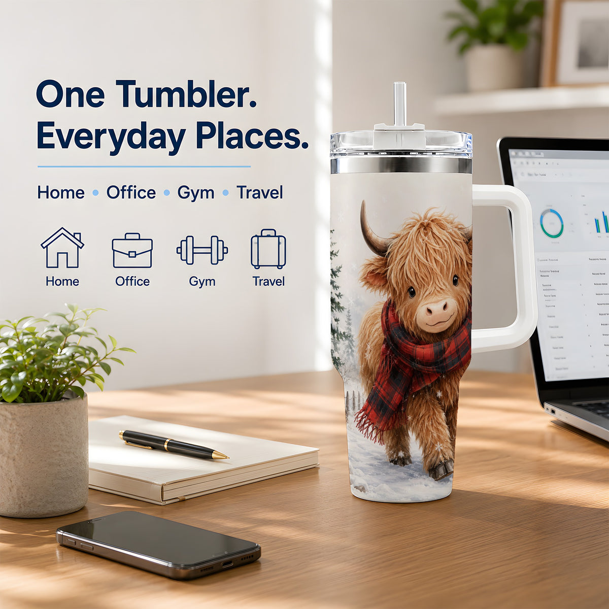 #pl[40oz|White] Winter Highland Cow 40oz Tumbler, Snowy Plaid Scarf Seasonal Artwork