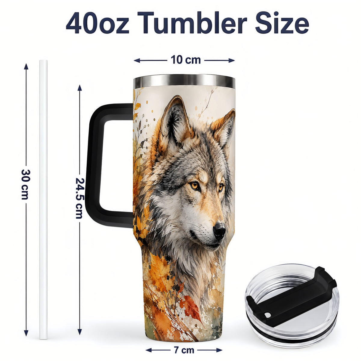 #pl[40oz|Black] Autumn Wolf 40oz Tumbler, Watercolor Wildlife Design for Wolf Lovers