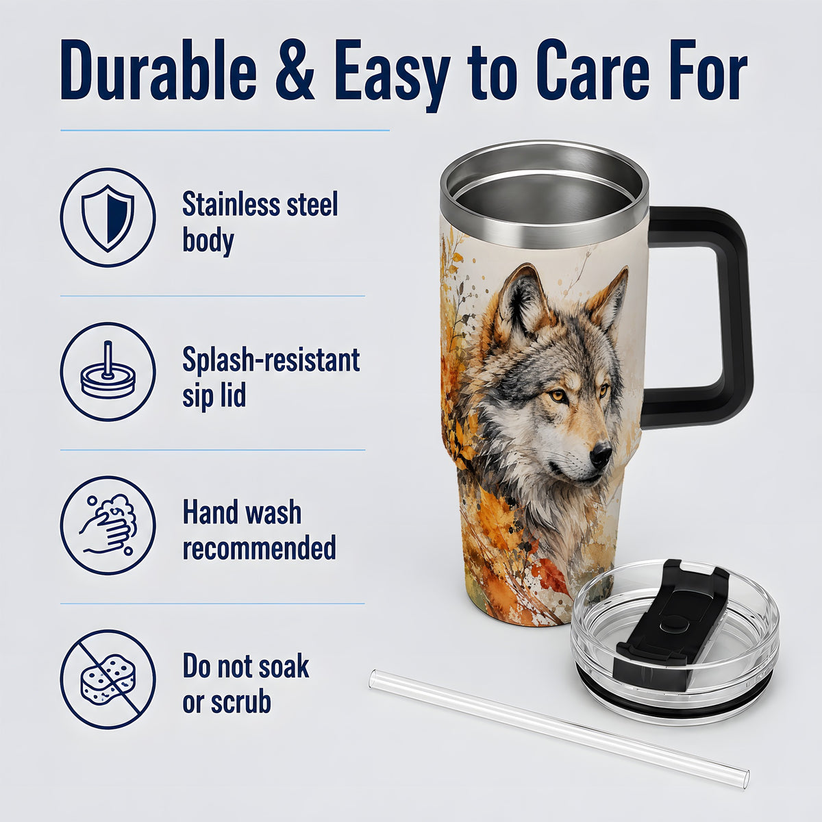 #pl[40oz|Black] Autumn Wolf 40oz Tumbler, Watercolor Wildlife Design for Wolf Lovers