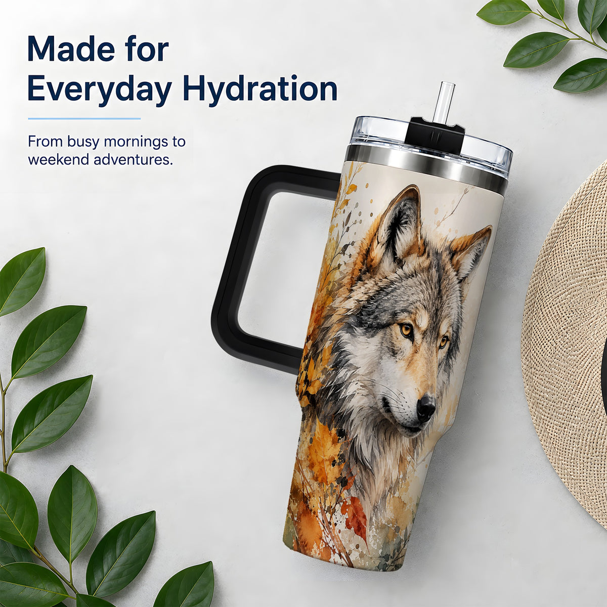 #pl[40oz|Black] Autumn Wolf 40oz Tumbler, Watercolor Wildlife Design for Wolf Lovers