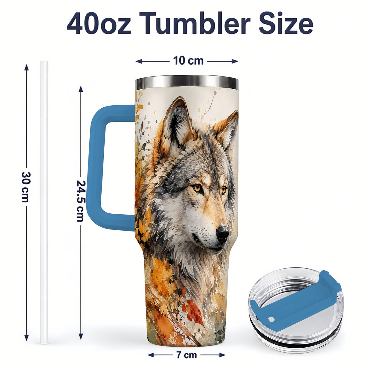 #pl[40oz|Blue] Autumn Wolf 40oz Tumbler, Watercolor Wildlife Design for Wolf Lovers