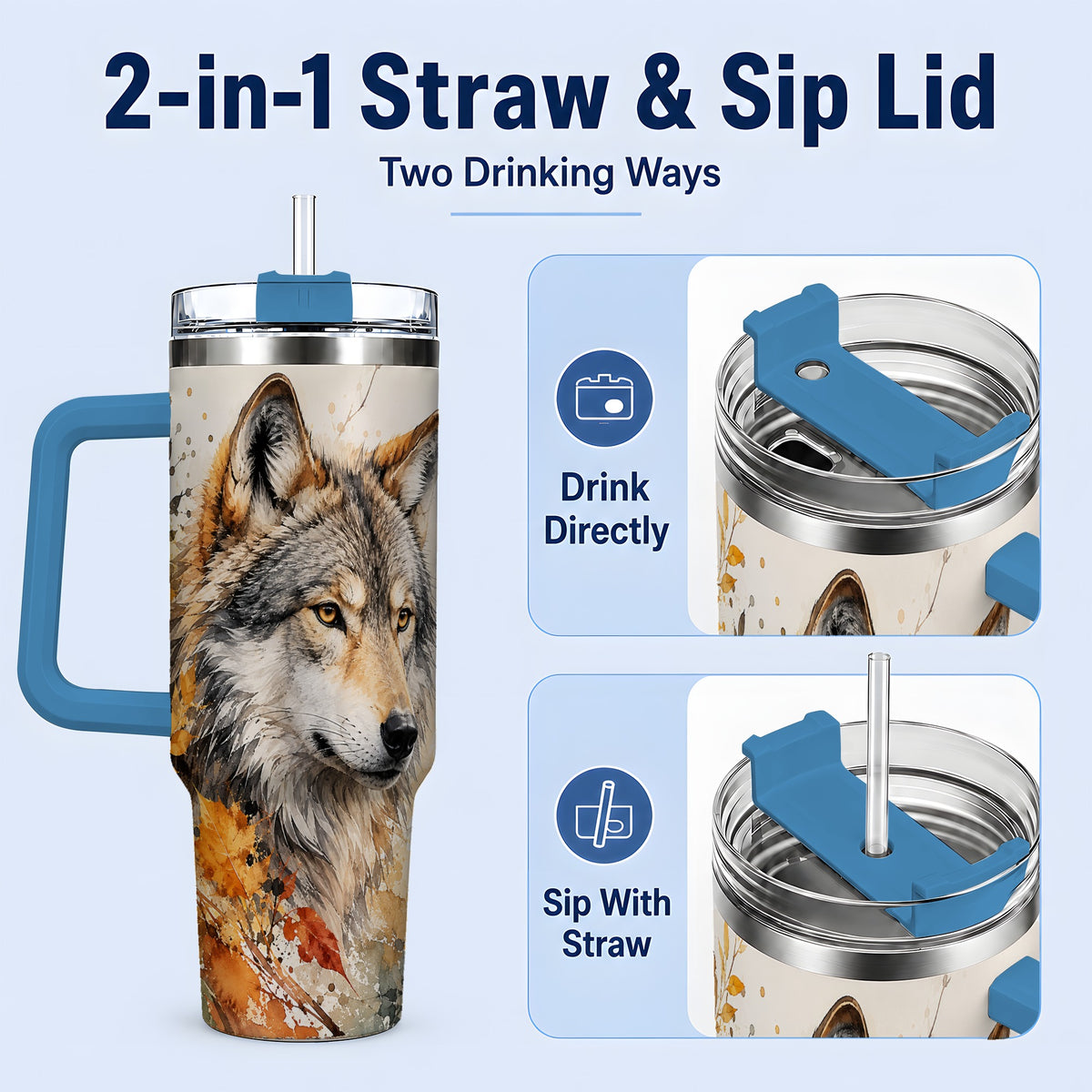 #pl[40oz|Blue] Autumn Wolf 40oz Tumbler, Watercolor Wildlife Design for Wolf Lovers