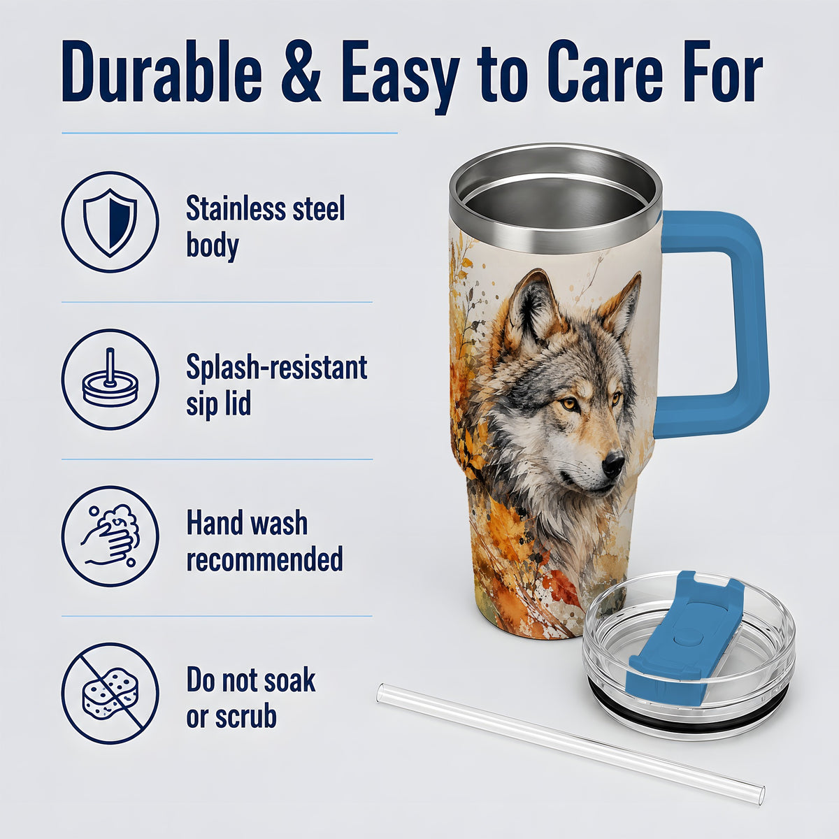 #pl[40oz|Blue] Autumn Wolf 40oz Tumbler, Watercolor Wildlife Design for Wolf Lovers