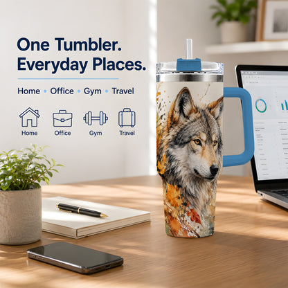 #pl[40oz|Blue] Autumn Wolf 40oz Tumbler, Watercolor Wildlife Design for Wolf Lovers