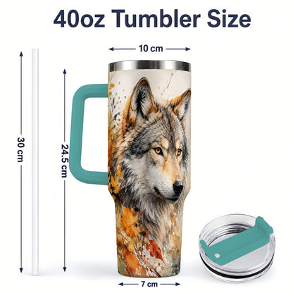 #pl[40oz|Green] Autumn Wolf 40oz Tumbler, Watercolor Wildlife Design for Wolf Lovers