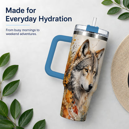 #pl[40oz|Blue] Autumn Wolf 40oz Tumbler, Watercolor Wildlife Design for Wolf Lovers