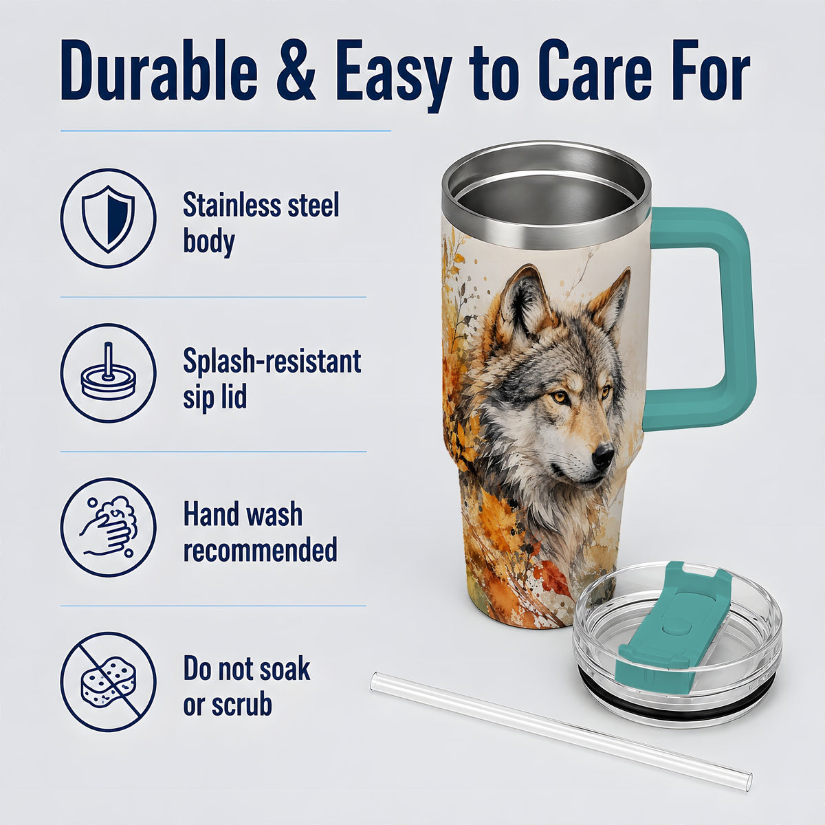 #pl[40oz|Green] Autumn Wolf 40oz Tumbler, Watercolor Wildlife Design for Wolf Lovers