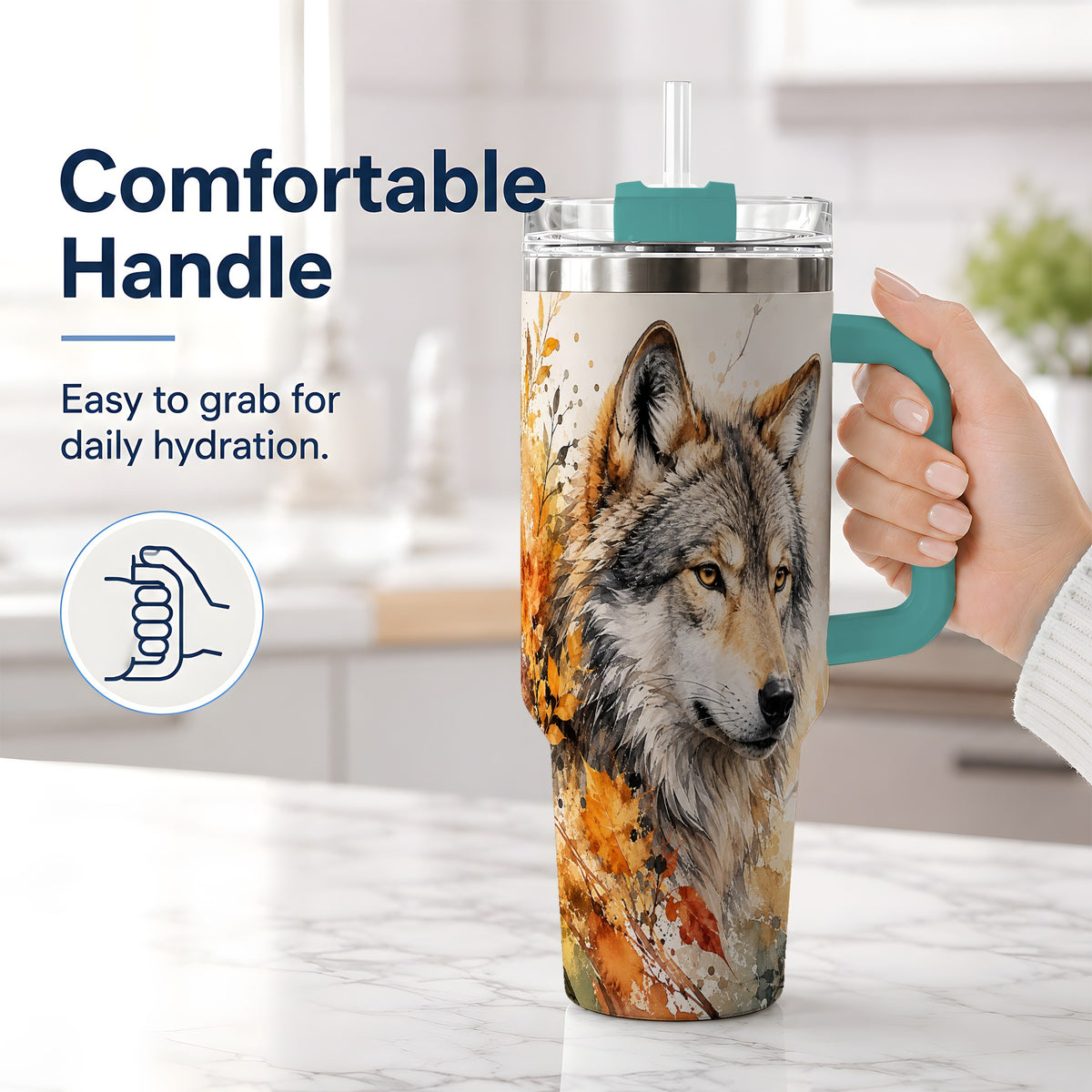 #pl[40oz|Green] Autumn Wolf 40oz Tumbler, Watercolor Wildlife Design for Wolf Lovers