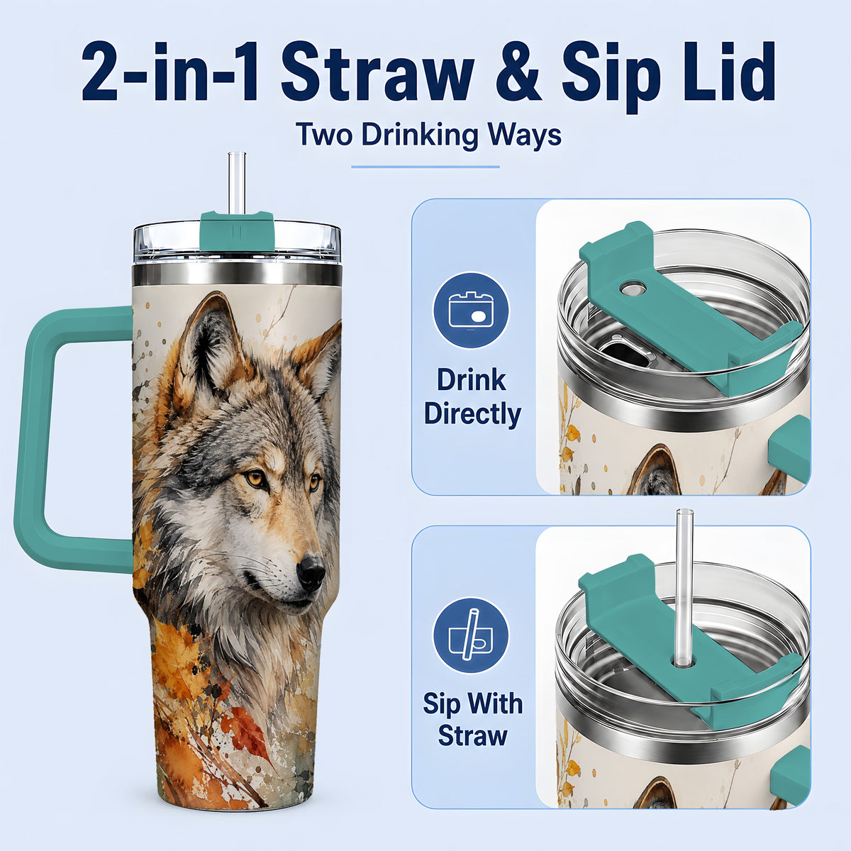 #pl[40oz|Green] Autumn Wolf 40oz Tumbler, Watercolor Wildlife Design for Wolf Lovers