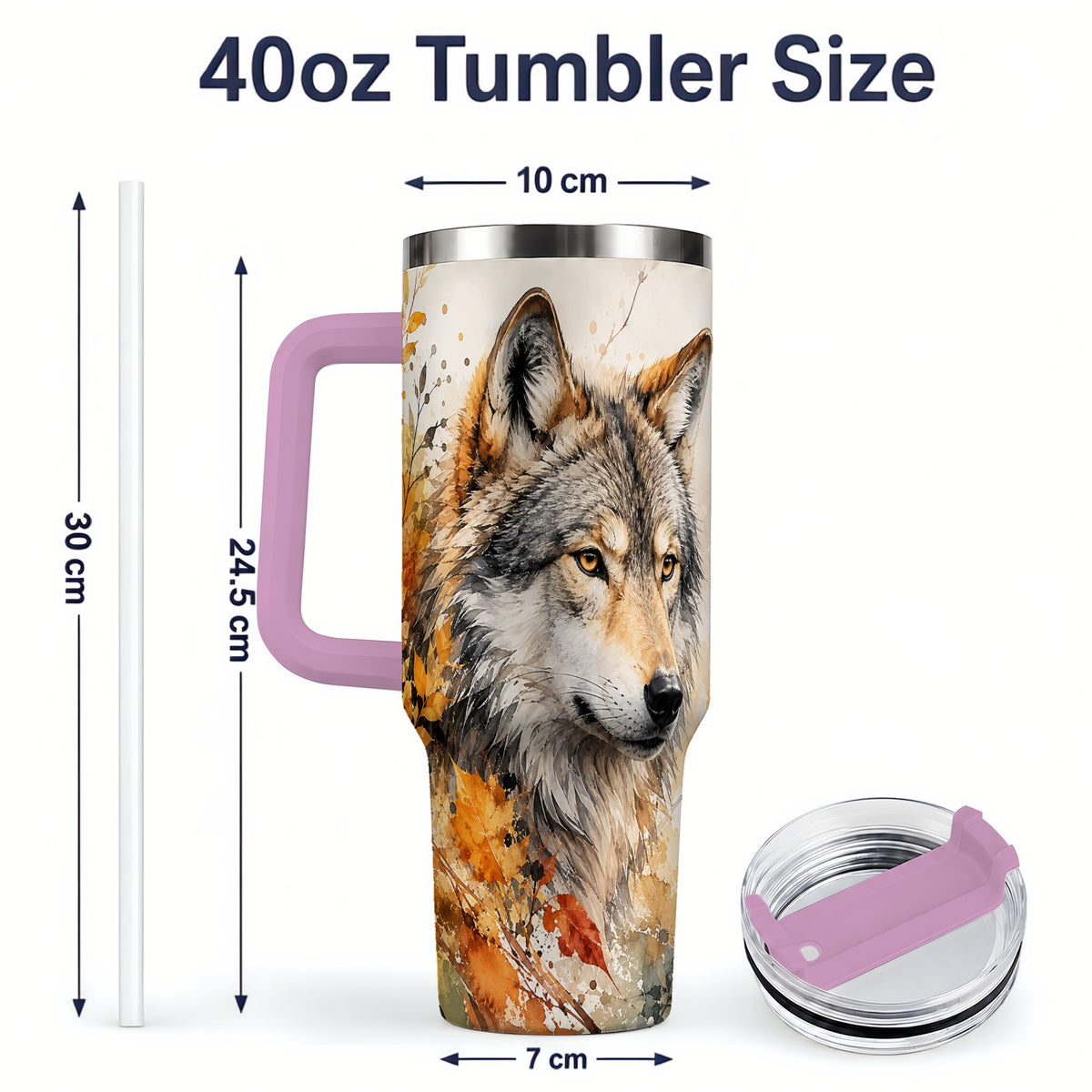 #pl[40oz|Pink] Autumn Wolf 40oz Tumbler, Watercolor Wildlife Design for Wolf Lovers