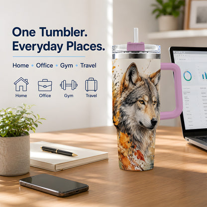 #pl[40oz|Pink] Autumn Wolf 40oz Tumbler, Watercolor Wildlife Design for Wolf Lovers