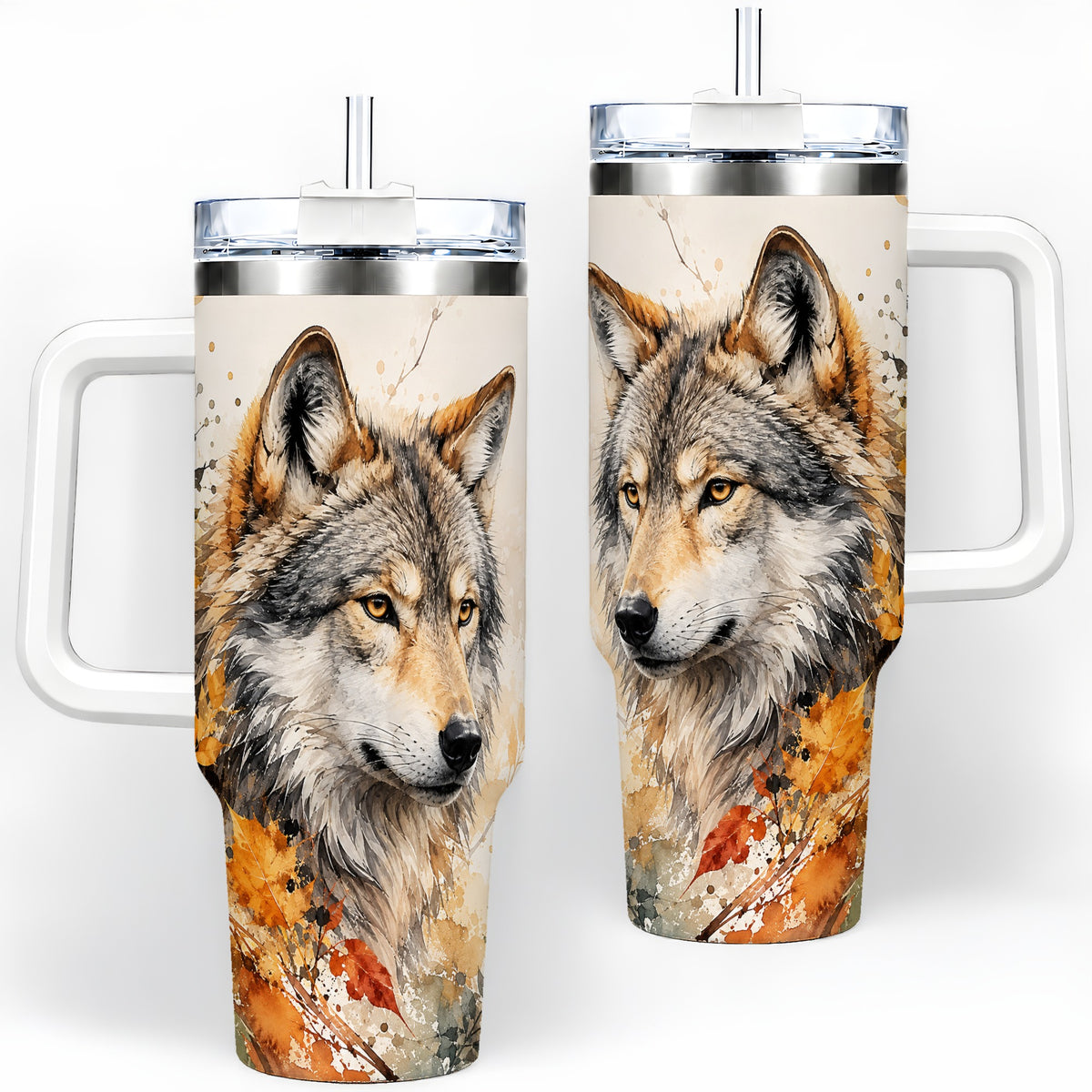 Autumn Wolf 40oz Tumbler, Watercolor Wildlife Design for Wolf Lovers