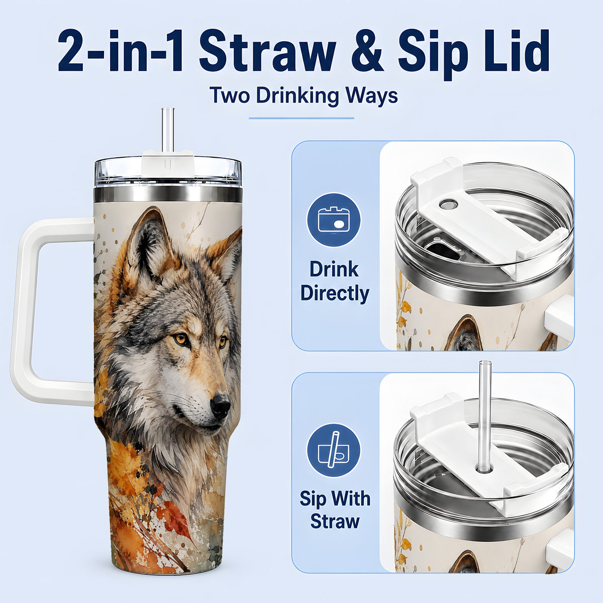 #pl[40oz|White] Autumn Wolf 40oz Tumbler, Watercolor Wildlife Design for Wolf Lovers