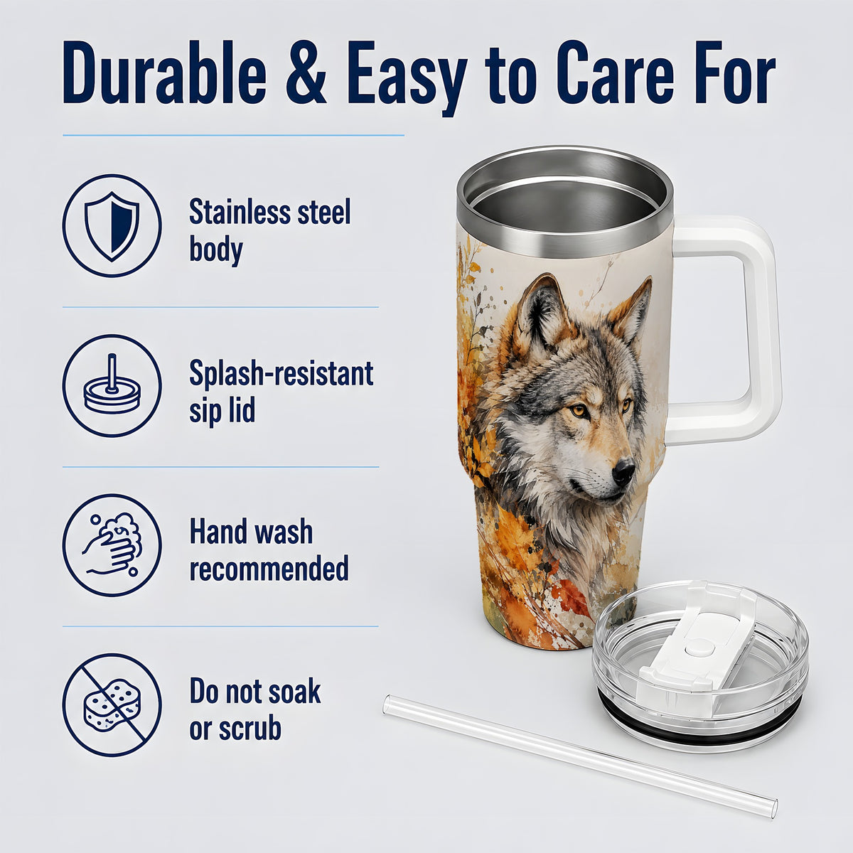 #pl[40oz|White] Autumn Wolf 40oz Tumbler, Watercolor Wildlife Design for Wolf Lovers