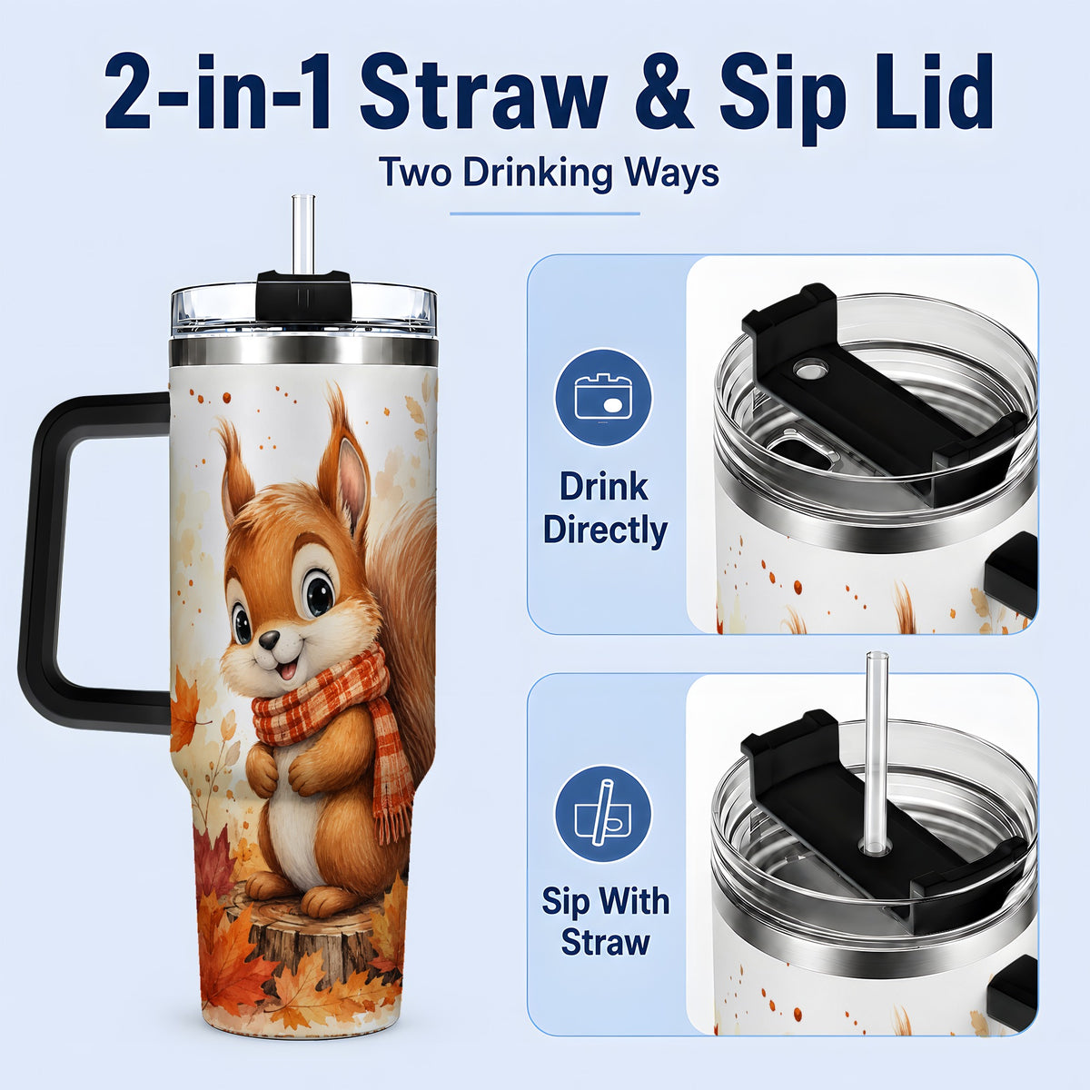 #pl[40oz|Black] Autumn Squirrel 40oz Tumbler, Cute Fall Watercolor for Squirrel Lovers