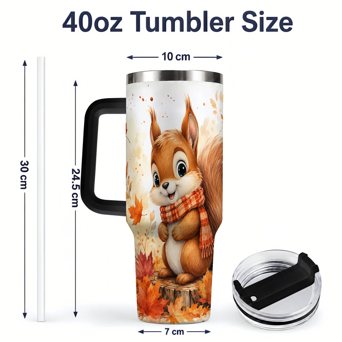 #pl[40oz|Black] Autumn Squirrel 40oz Tumbler, Cute Fall Watercolor for Squirrel Lovers