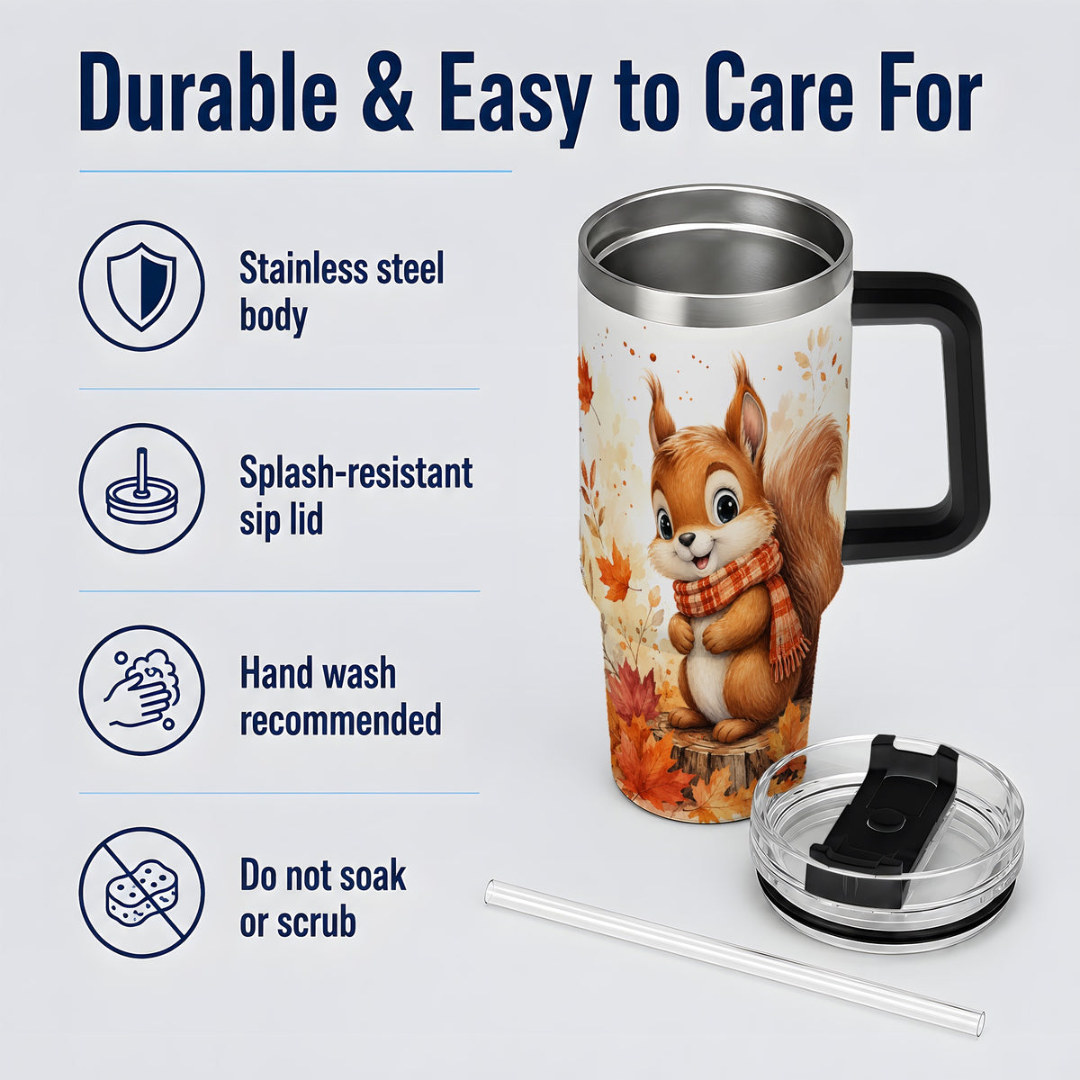 #pl[40oz|Black] Autumn Squirrel 40oz Tumbler, Cute Fall Watercolor for Squirrel Lovers