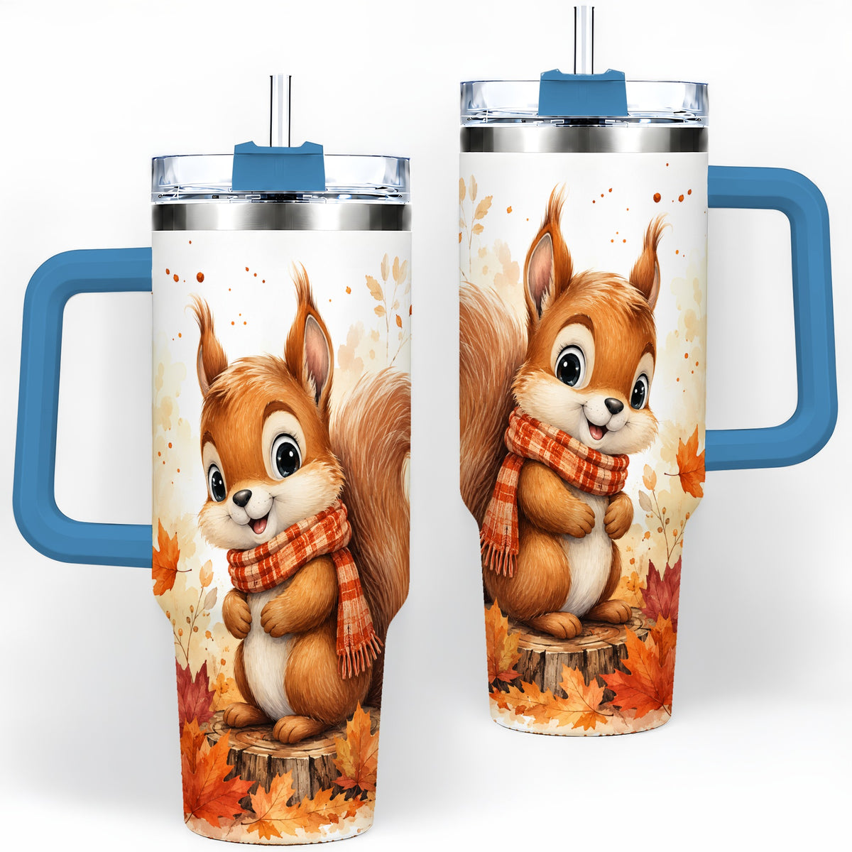 #pl[40oz|Blue] Autumn Squirrel 40oz Tumbler, Cute Fall Watercolor for Squirrel Lovers