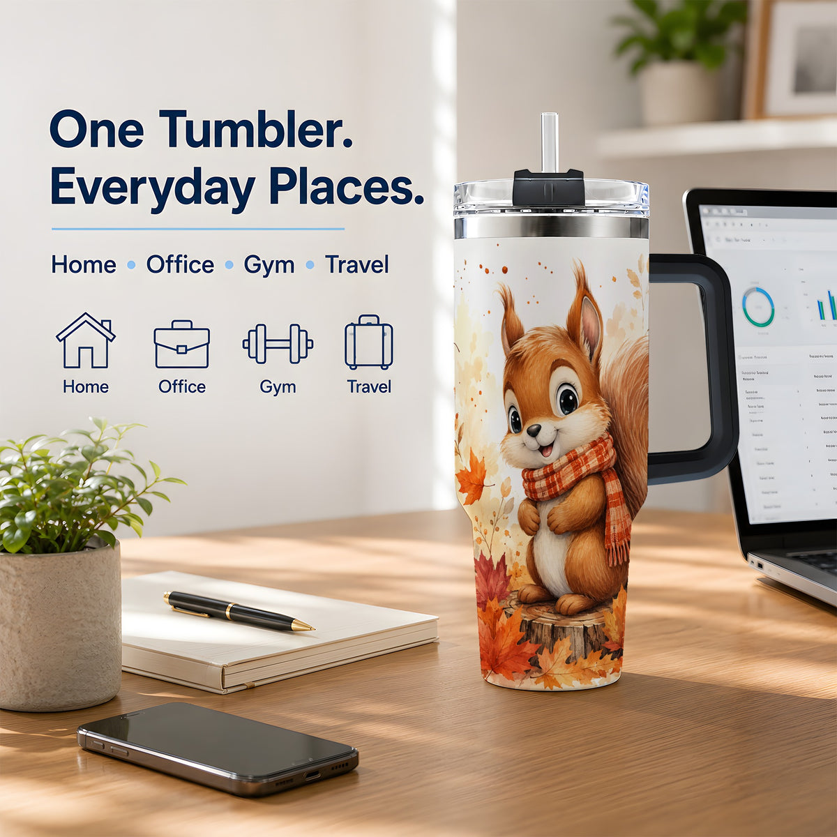 #pl[40oz|Black] Autumn Squirrel 40oz Tumbler, Cute Fall Watercolor for Squirrel Lovers
