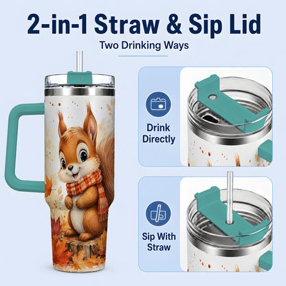 #pl[40oz|Green] Autumn Squirrel 40oz Tumbler, Cute Fall Watercolor for Squirrel Lovers